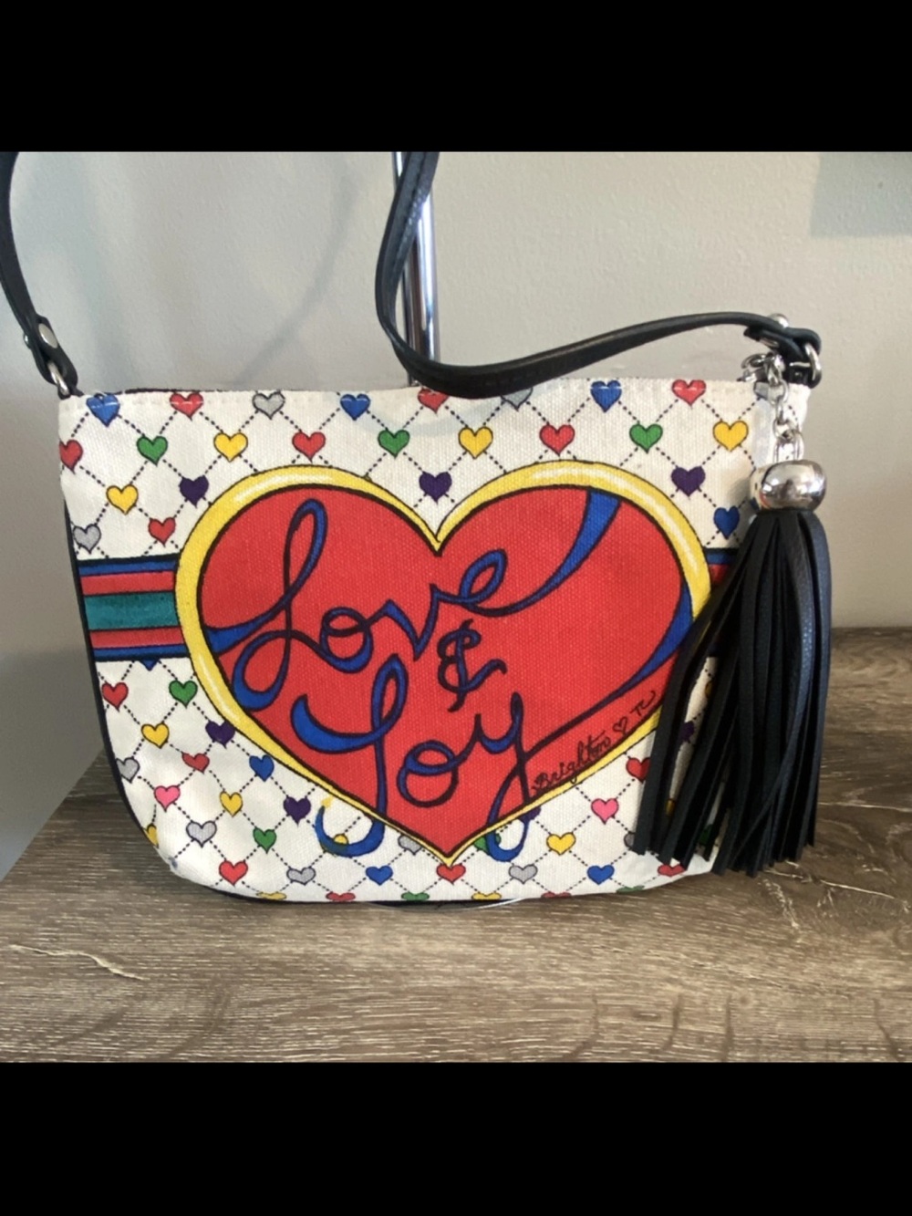 Brighton Multicolor Heart Love & Joy Canvas Crossbody Black Tassel Zip Pull